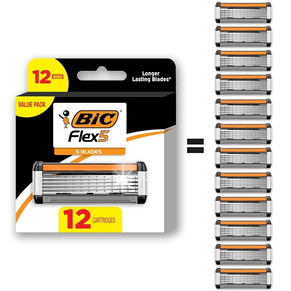 12 Refill Bic Flex 5 Refillable Razor Cartridges for Men Smooth & Comfortable