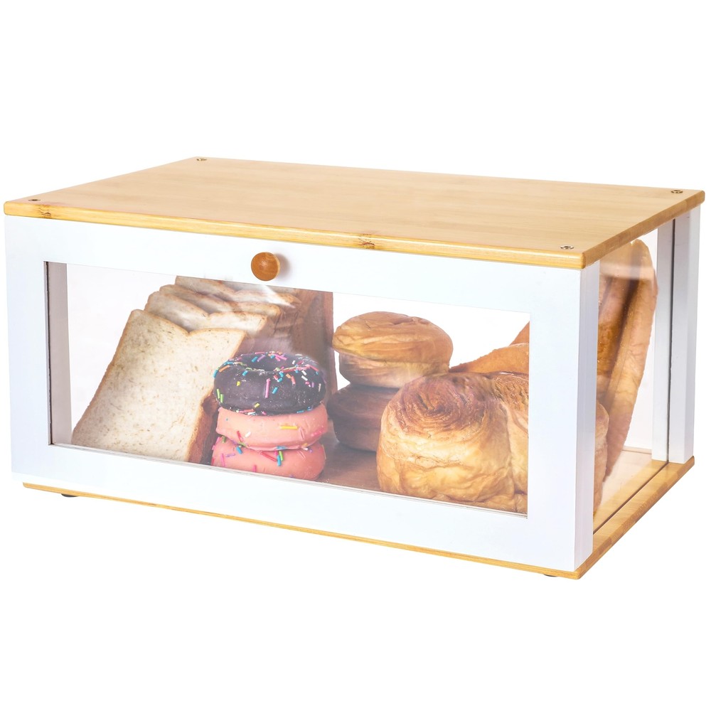 Bamboo Bread Box for Kitchen Countertop - Large White Bread Box Pastry Displa...