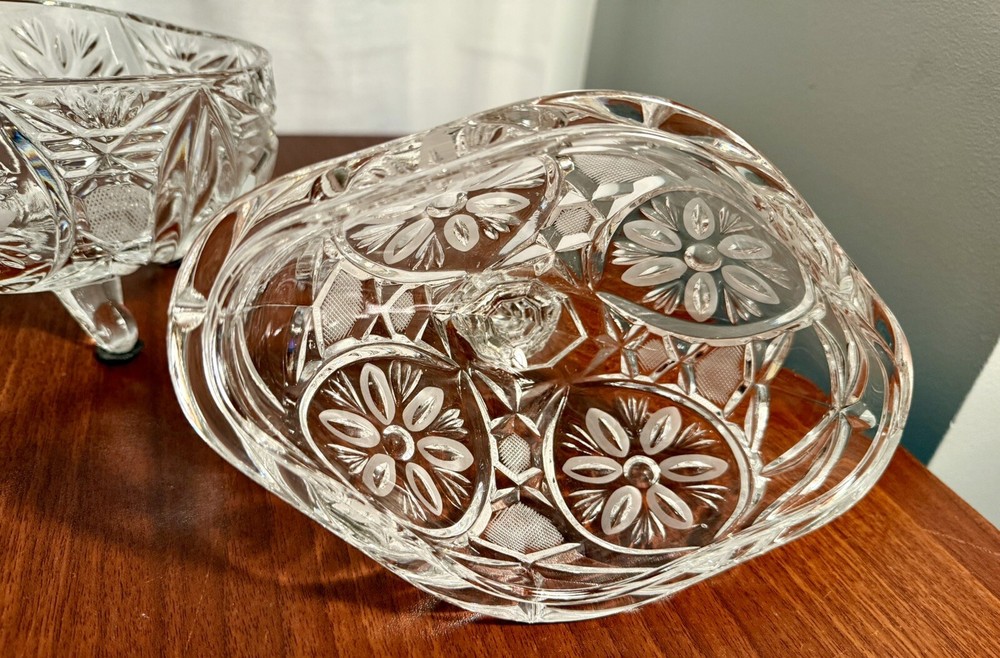 Large Heavy Etched Crystal Covered Oval Bowl/Dish