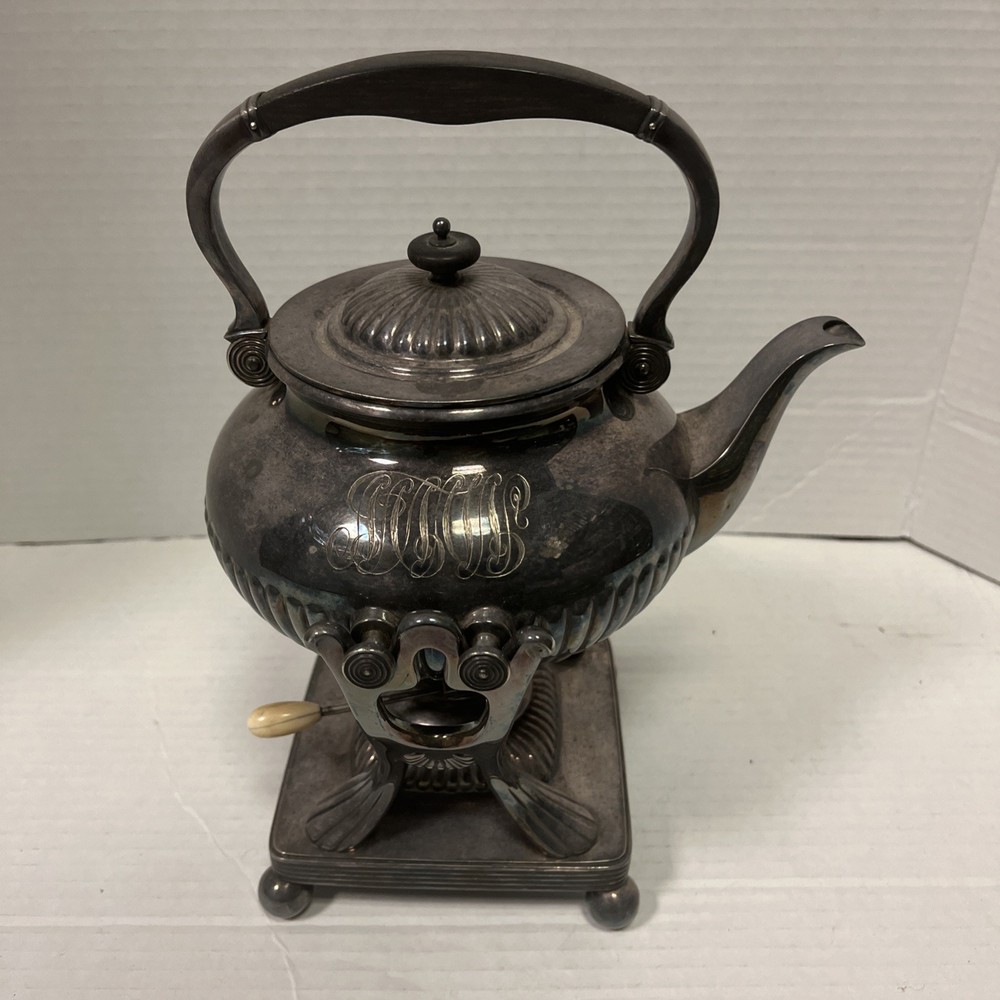 Antique Tiffany Co Repousse Tea Pot Warming Cradle Tilting Silver Plated