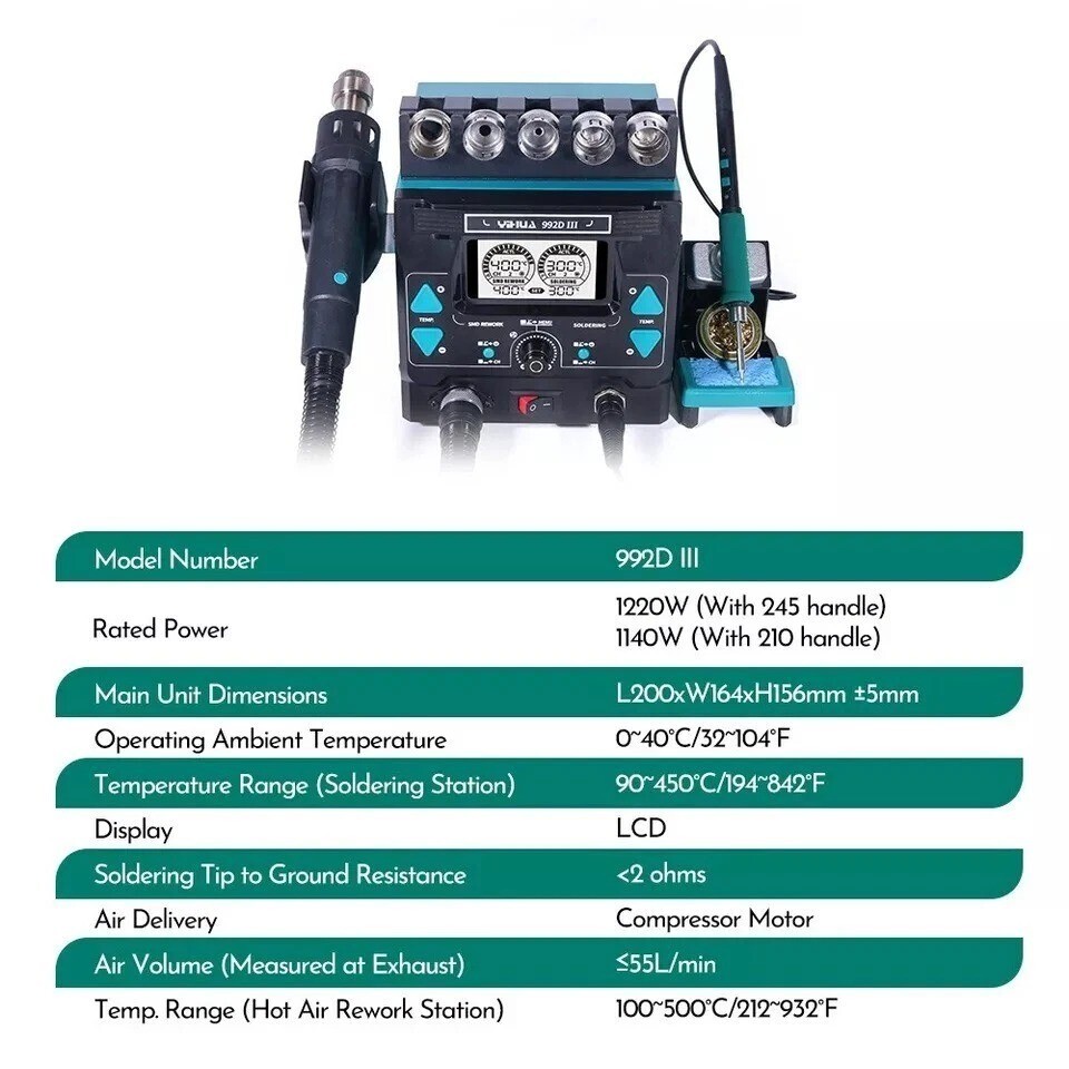 YIHUA 992D-III 2-in-1 Precision Soldering Station Digital Hot Air Rework Station
