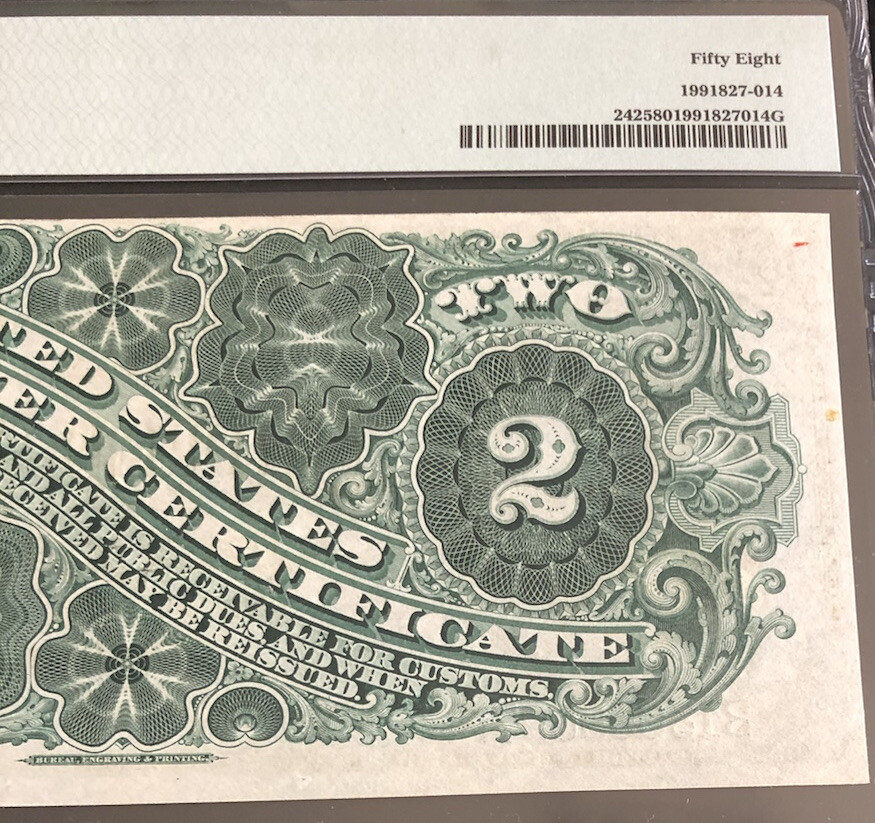 1886-$2 SILVER CERTIFICATE in PMG-58 w/pinholes. Nice note. Fr# 242. Nice note.