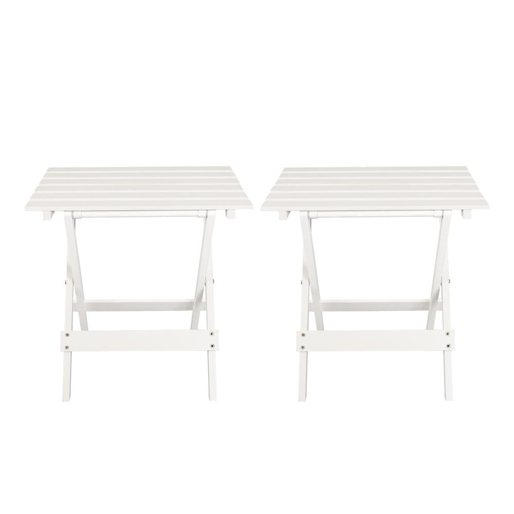 Small Solid Wood Folding Side Table (2-Piece Set), White, Portable Patio Outdoor