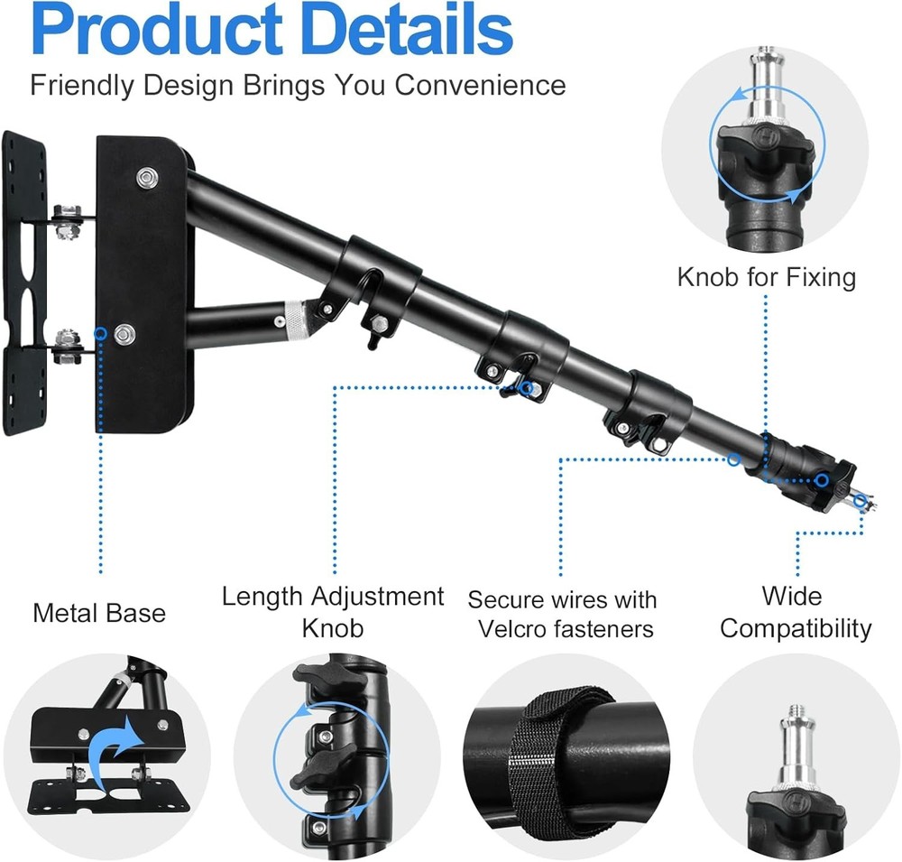 Ring Light Wall Mount Boom Arm, Adjustable 42in/106cm Mounted Overhead Stand,...