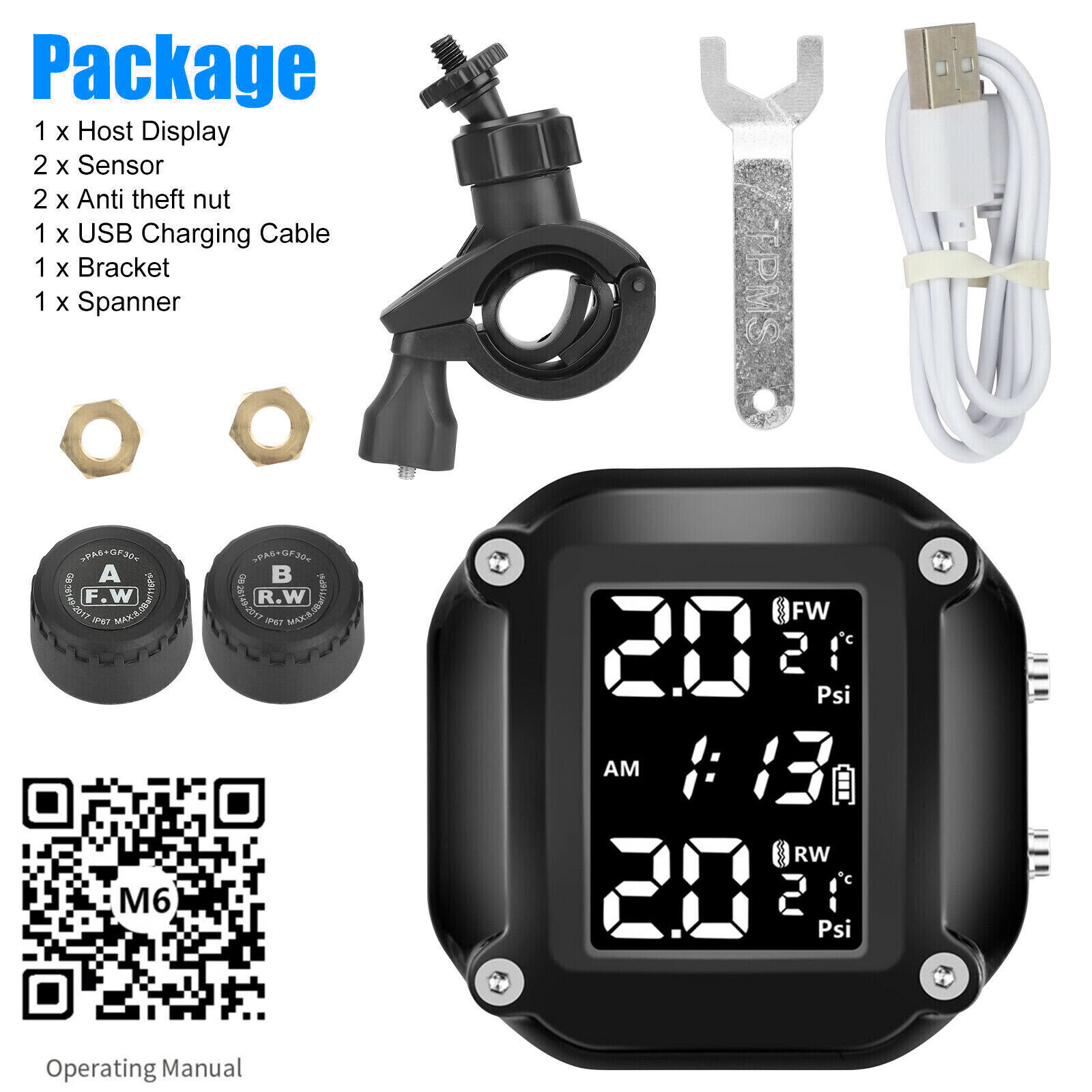 Wireless Motorcycle TPMS Tire Tyre Pressure Monitor System + 2 External Sensors