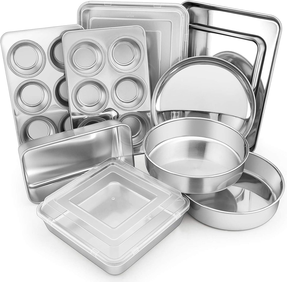 12-Piece Stainless Steel Bakeware Sets, E-far Metal Baking Pan Set Include Round
