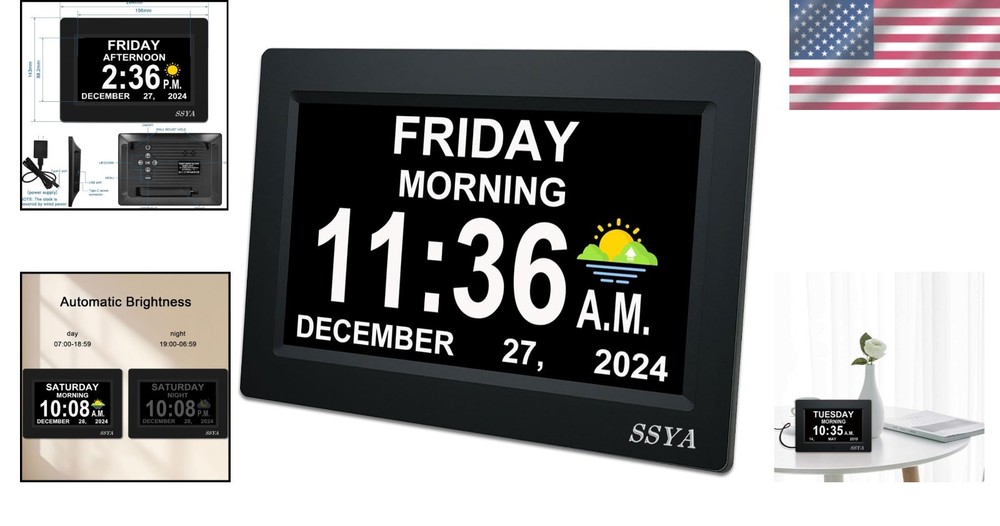 Large Display Calendar Clock - 7 Inch, Auto Dimmable, Black