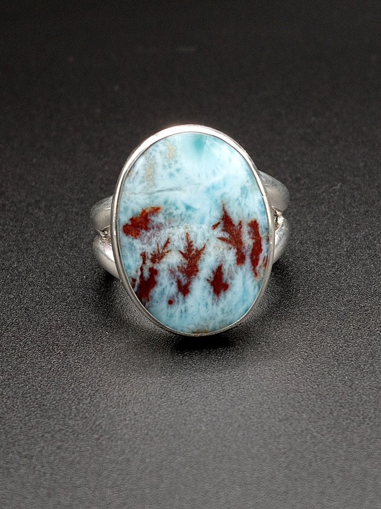 Handmade Wide Oval Dendritic Larimar Ring - Size 7
