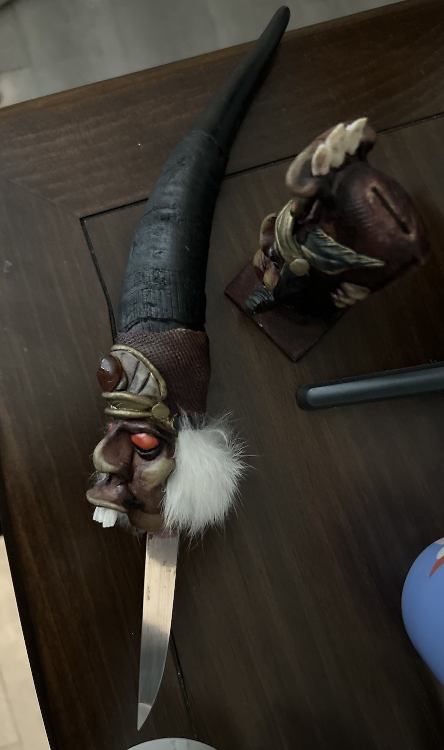 Inca demon Decorated Collection Knife Supay Face with Real Alpaca Horn OOAK