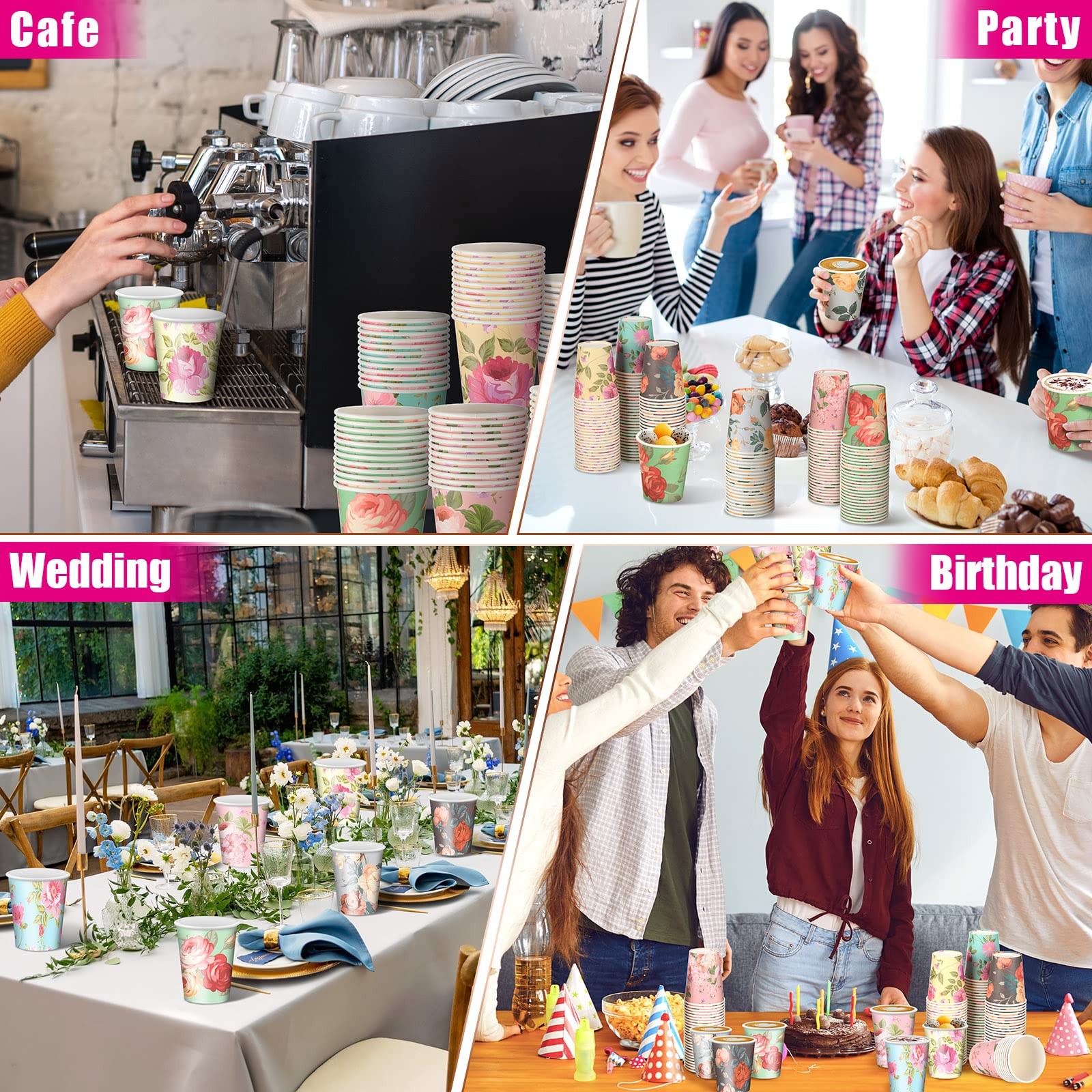 150 Pcs Floral Paper Cups 12 oz Vintage Flower Disposable Cups for Afternoon Tea