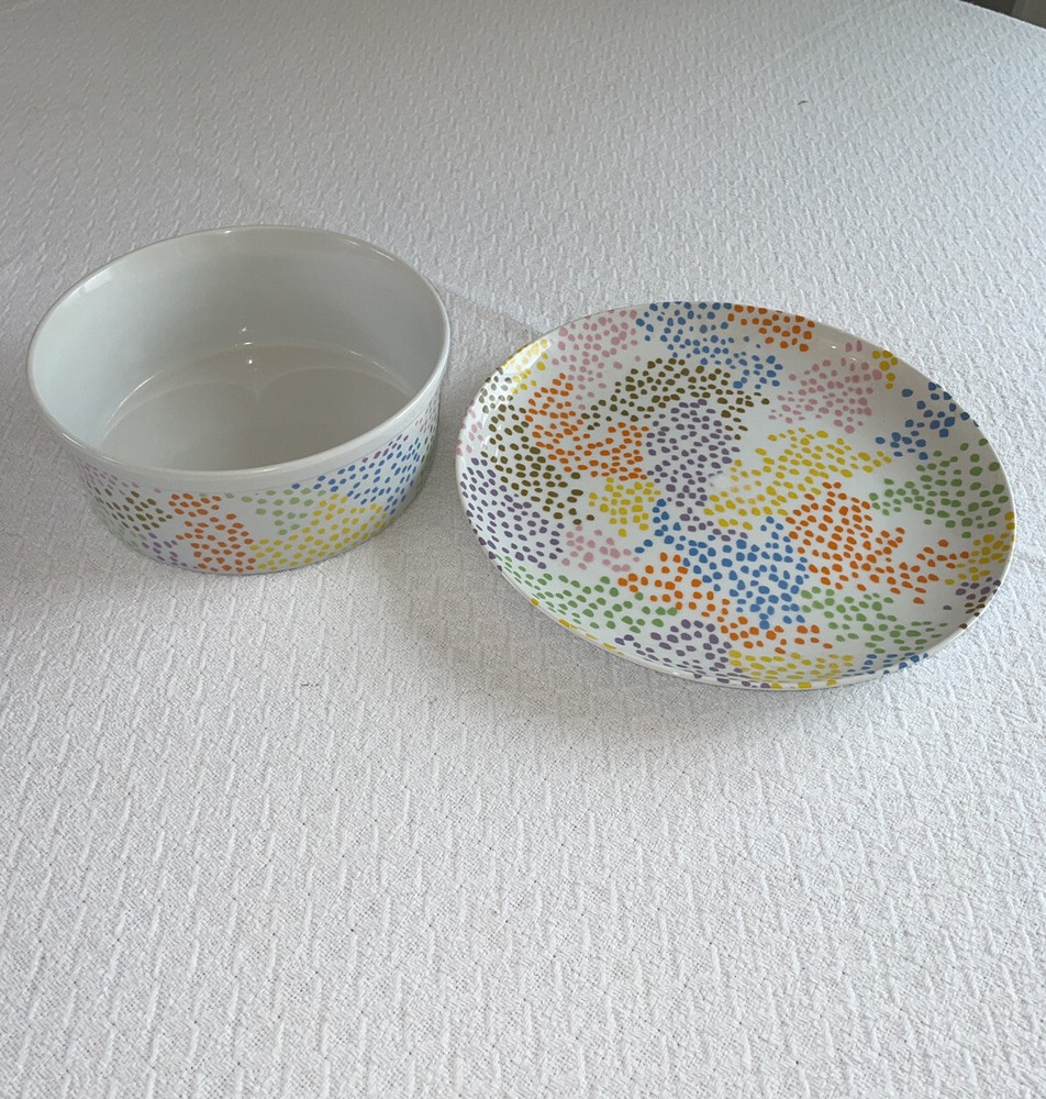 🐣 Fitz & Floyd Confetti Dots SET Rainbow China Casserole & 12" Plate Easter