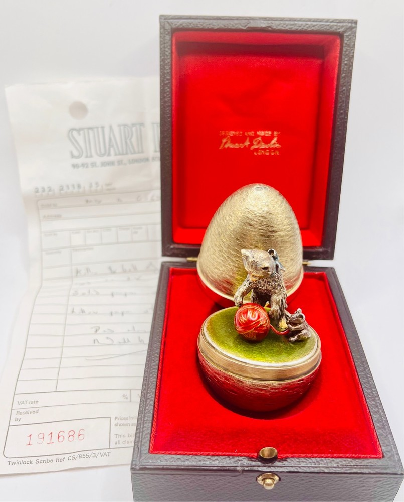 1986 London Hallmarked Stuart Devlin Silver Gilt Kitten Egg + Box + Receipt