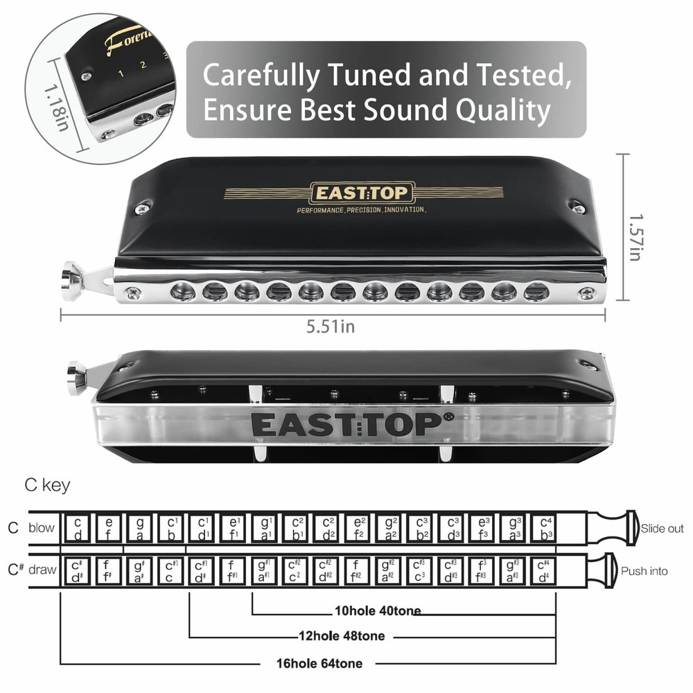 Easttop Updated FORERUNNER 2.0 without valves Chromatic Harmonica 12Hole Key C
