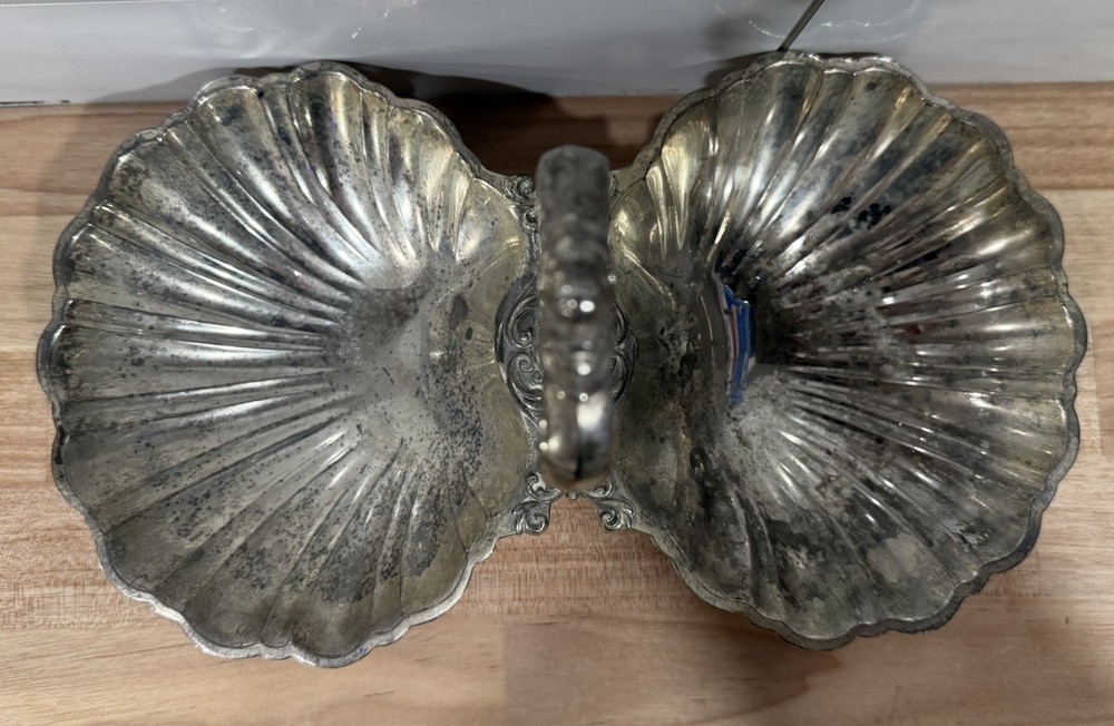 Vintage Silvertone Double Clam Shell Serving Dish Tarnish Resistant Japan 10"