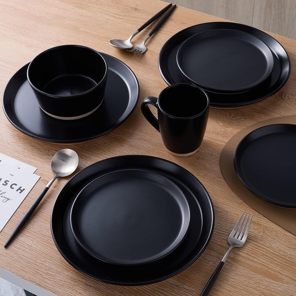 Jules 16-Piece Stoneware Dinnerware Set for 4 - Matte Black, Durable & Elegant