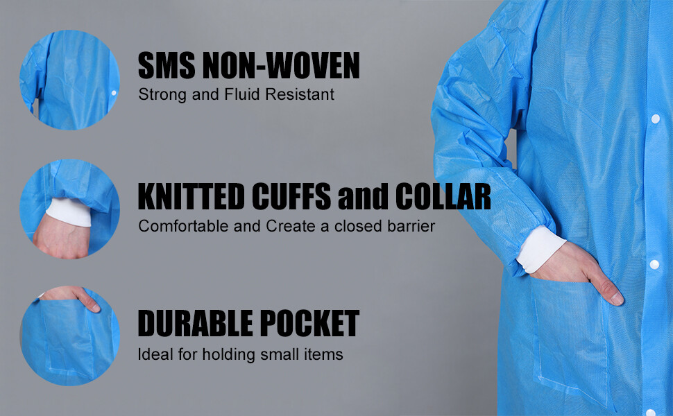 Pack of 10 Disposable Lab Coat Blue SMS with Pockets Adult Knitted Collar Cuffs