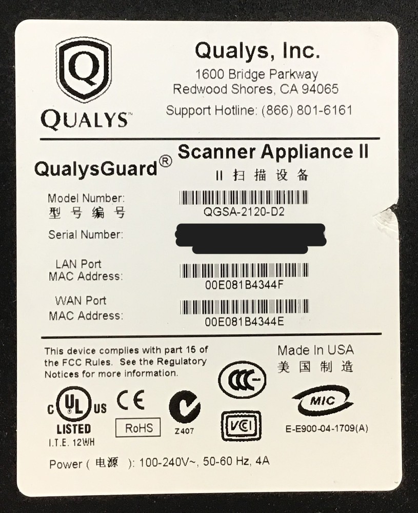 QualysGuard QGSA-2120-D2 Network Security Scanner Appliance