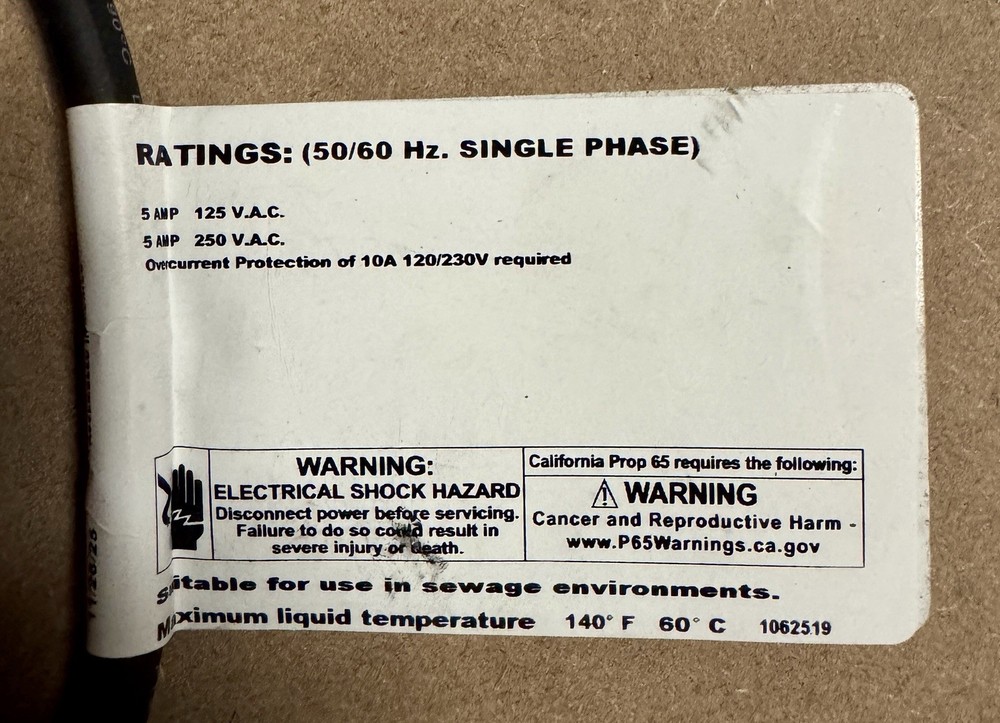 CSI Controls 1062519 Narrow Angle Float Switch 30ft Cable N.O. Sump Pump