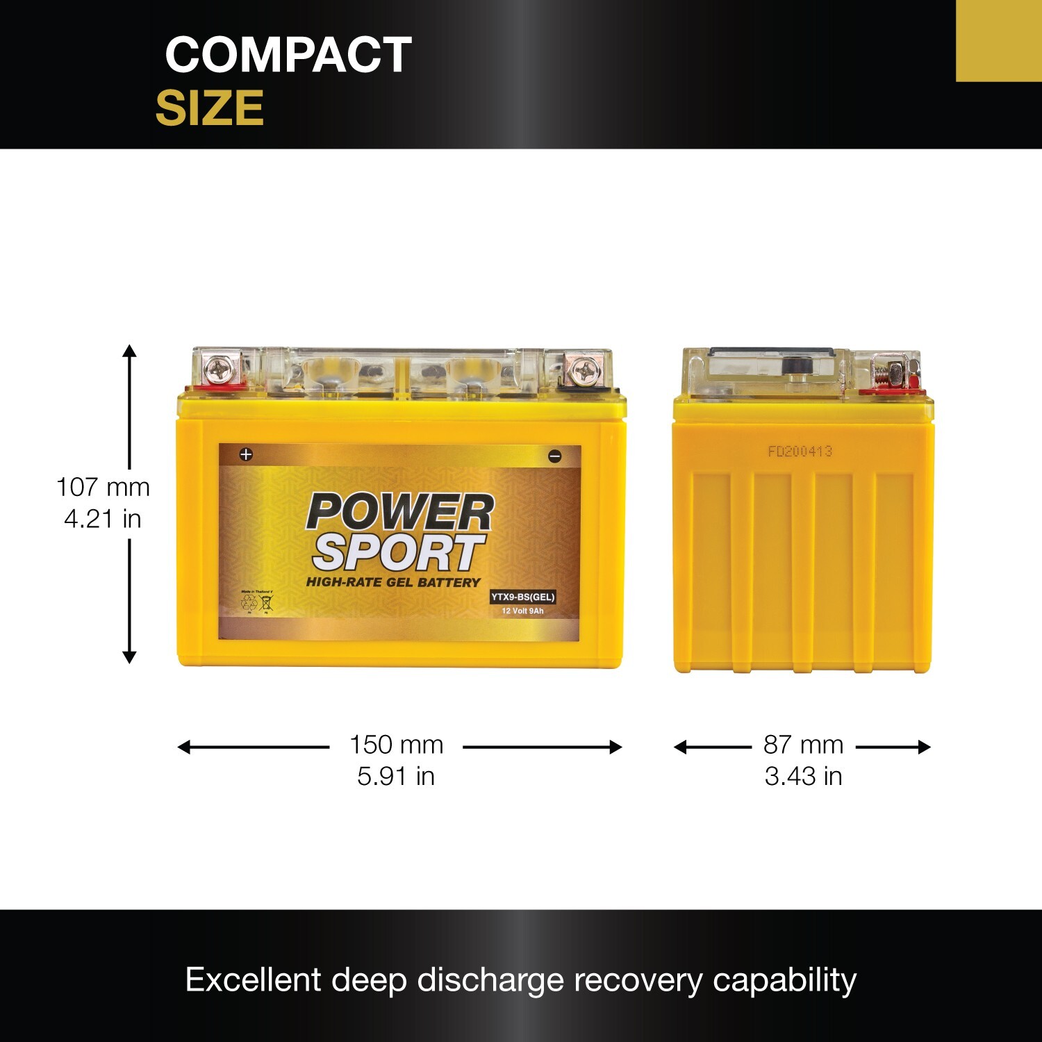 12V 9AH YTX9-BS Gel Replacement for Motorcycles, ATV, Maintenance Free Battery