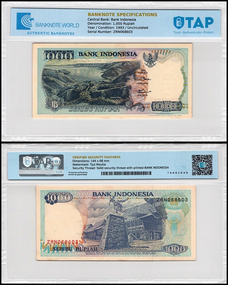 Indonesia 1000 Rupiah, 1993, P-129b, UNC, Authenticated