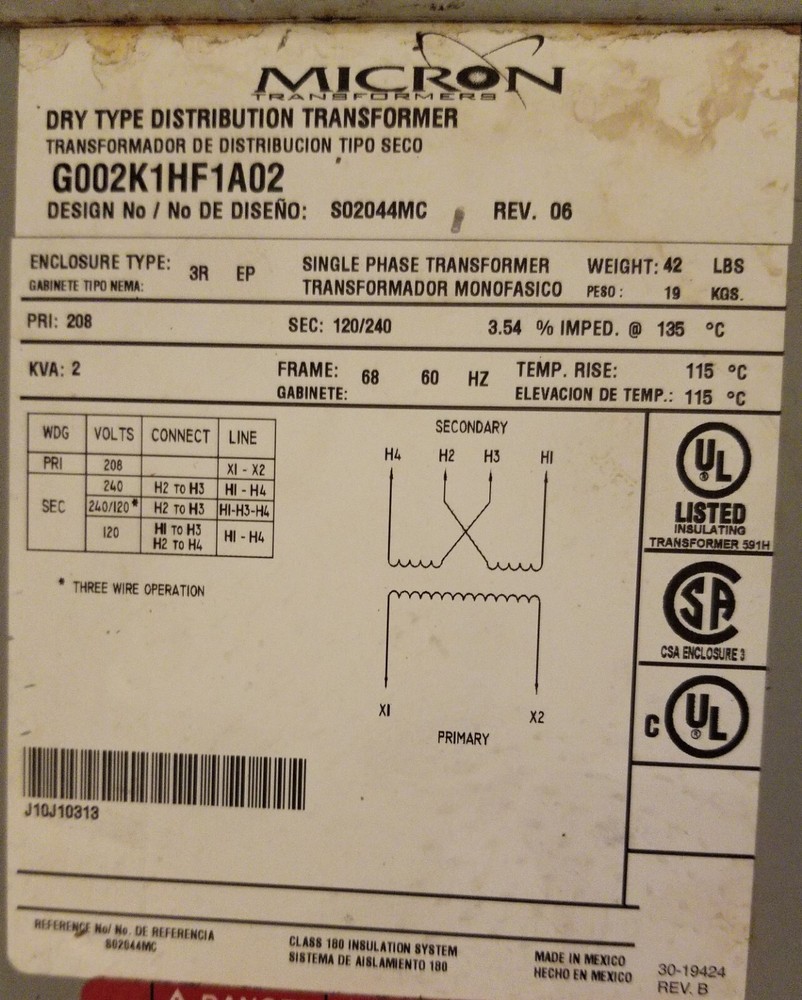 Micron Dry Type Distribution Transformer G002K1HF1A02