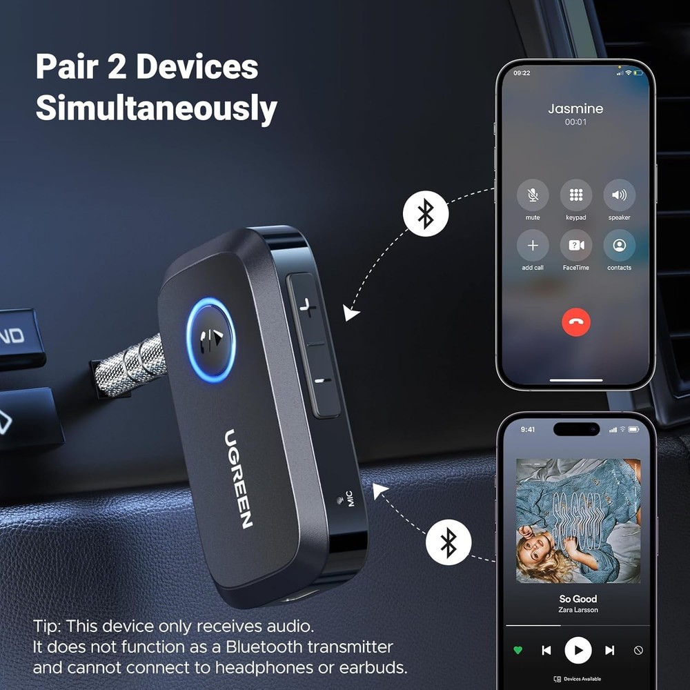Bluetooth 5.4 Car Adapter - Hands-Free Calling & Noise Cancelling - 15H Battery
