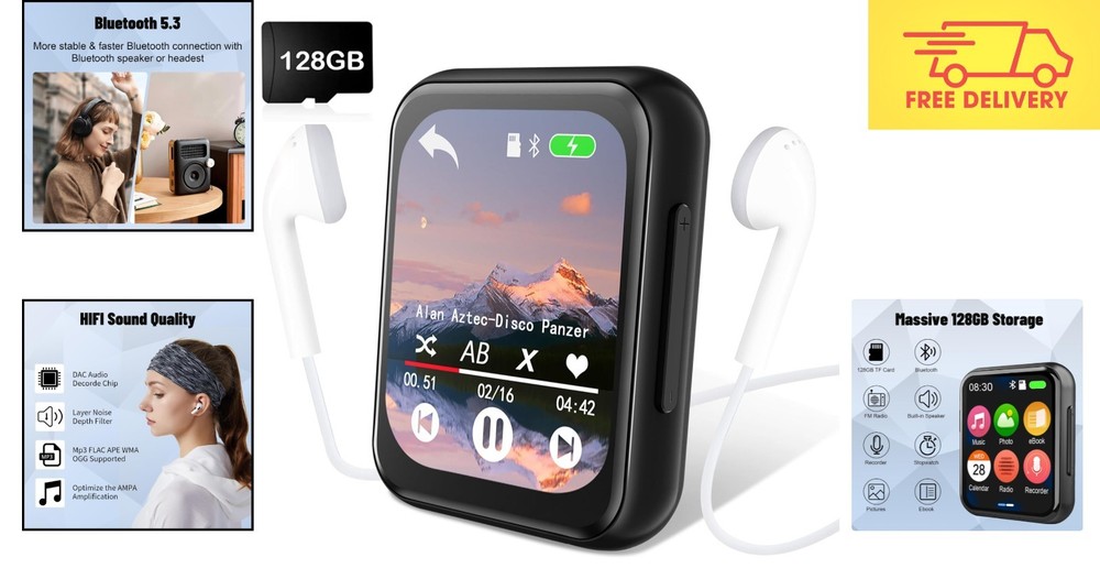 Portable 128GB MP3 Player with Touch Screen & Built-in Speaker - Bluetooth 5.3