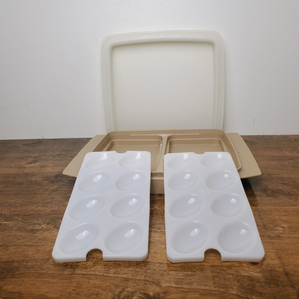 Vintage Tupperware Deviled Egg Carrier Set Almond #723 w Inserts 4 Pc