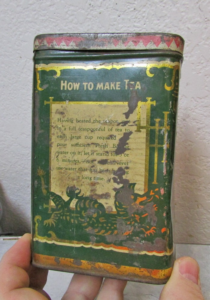 Vintage Mission Garden empty tea tin, Java Ceylon India wrong lid, kitchen decor