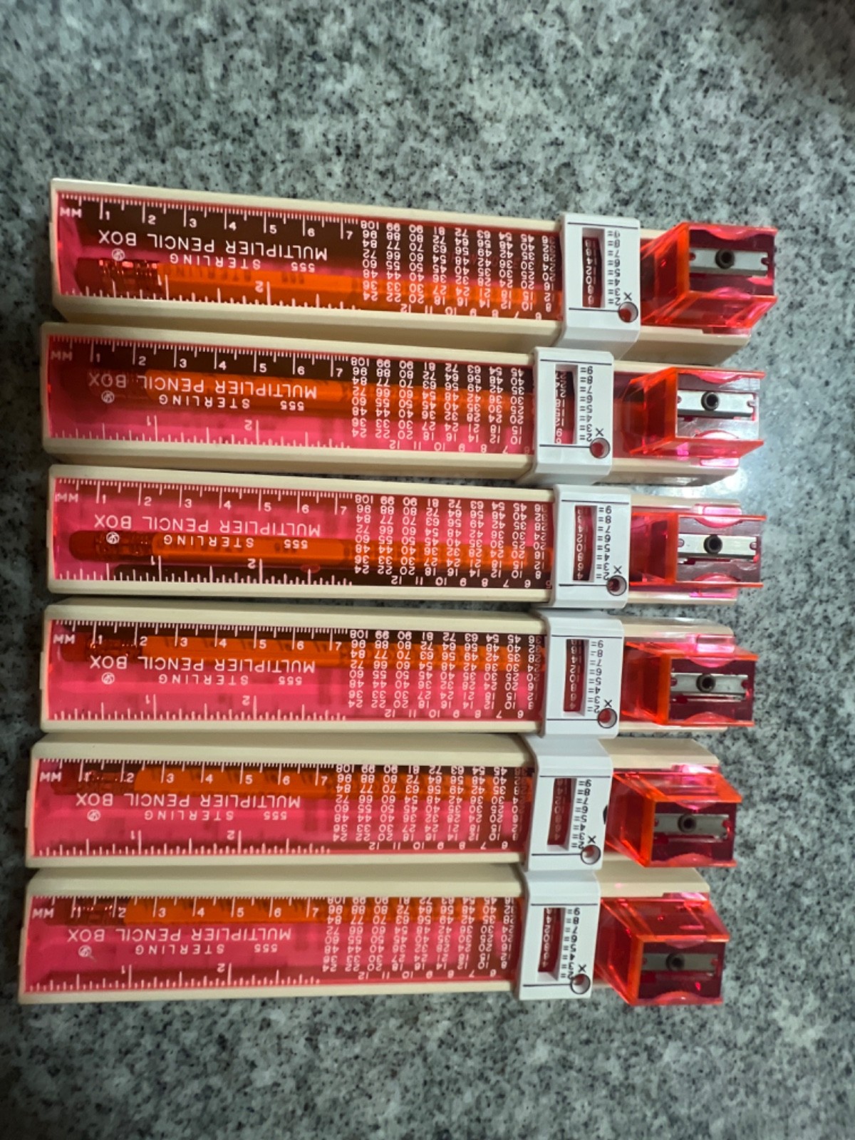 Vintage Sterling Multiplier Pencil Box, Sharpener & Ruler new clear tan white