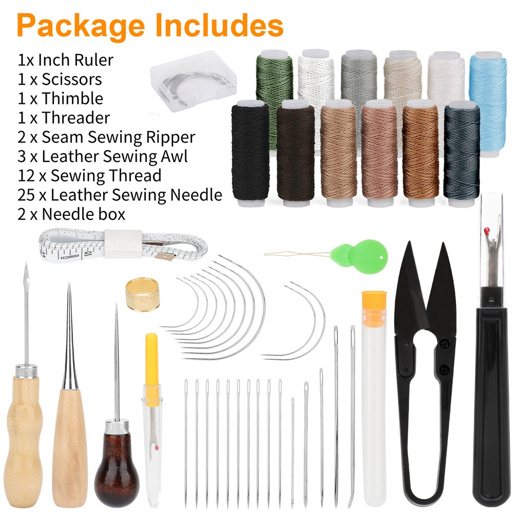 48pcs Leather Thread Stitching Needles Awl Hand Tools Kit for DIY Sewing Craft