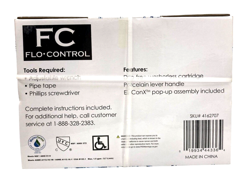 New Flo Control 4” 2-Handle Chrome Lavatory Faucet Hot/Cold Printed Knobs