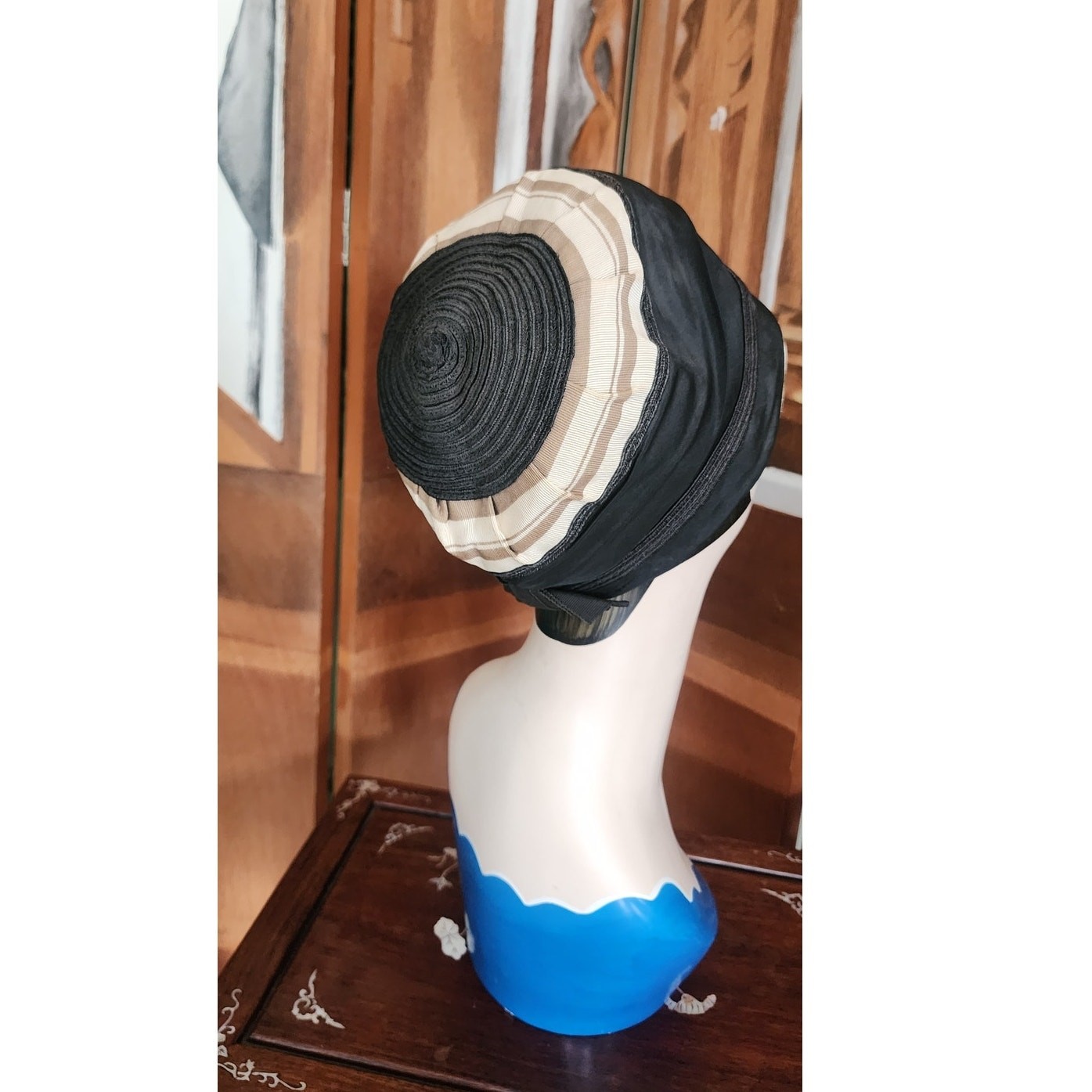 Vintage 20s Cloche Hat Black Beige Silk Tall Toque