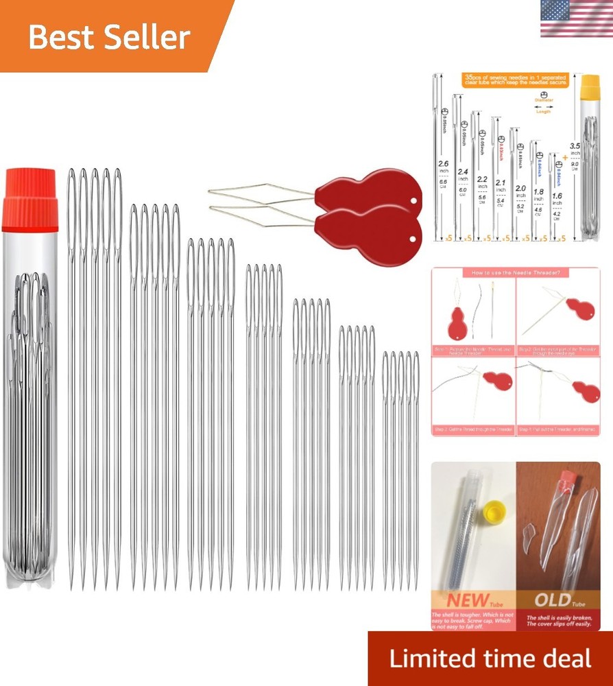 Large Eye Sewing Needles with Threaders, Assorted Sizes, 35pcs