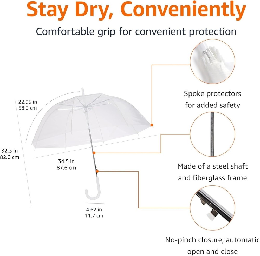 Amazon Basics Clear Umbrella for Rain, Wide Coverage (35" Canopy Diameter)