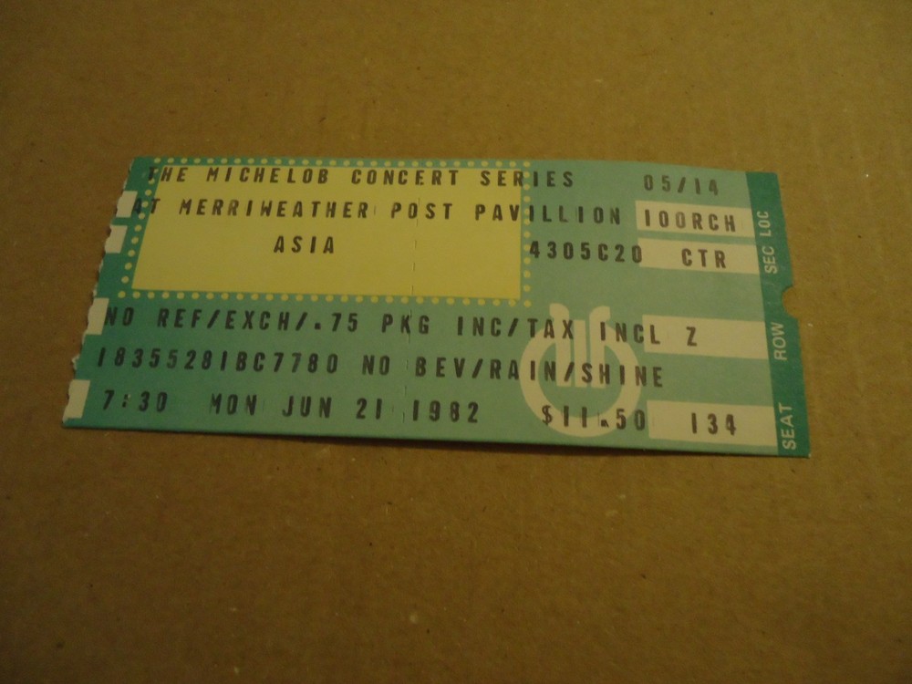 Asia concert ticket Merriweather Post Pavillion Columbia MD 6 21 1982