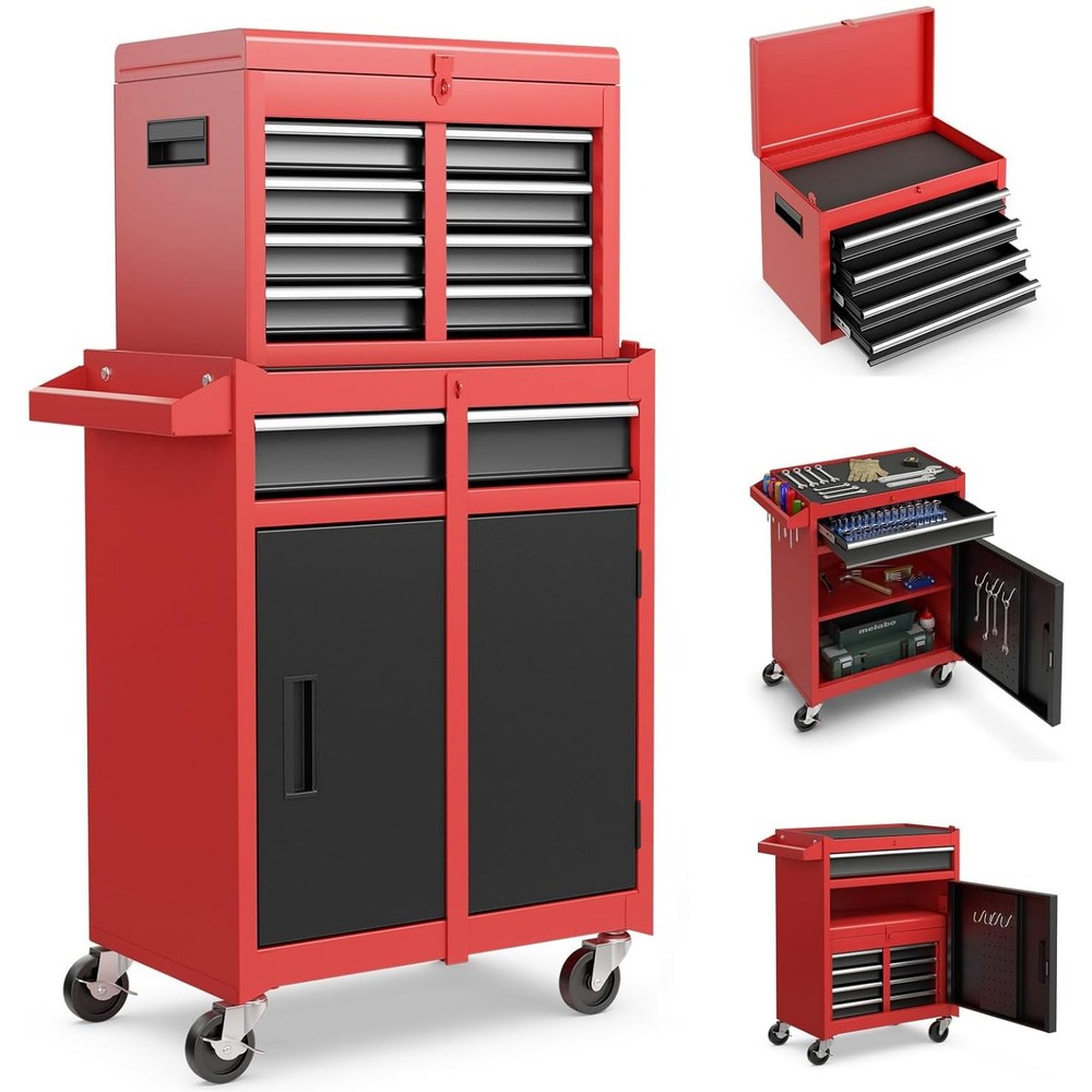 2 In 1 Rolling Tool Chest Tool Organizer Box w/ Lockable Wheels Garage Workshop