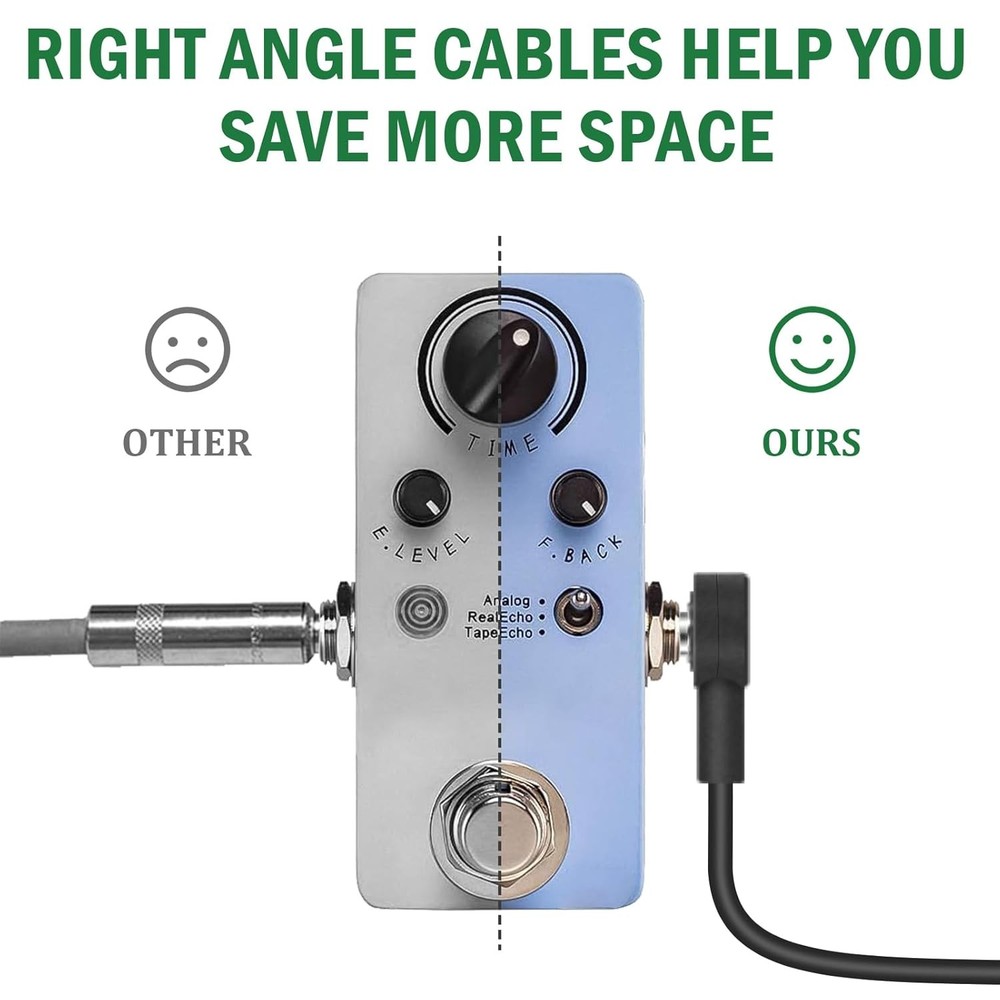 3FT Guitar Patch Cables, 1/4" TS Right Angle Effect Pedal Flat 3 FT, Black
