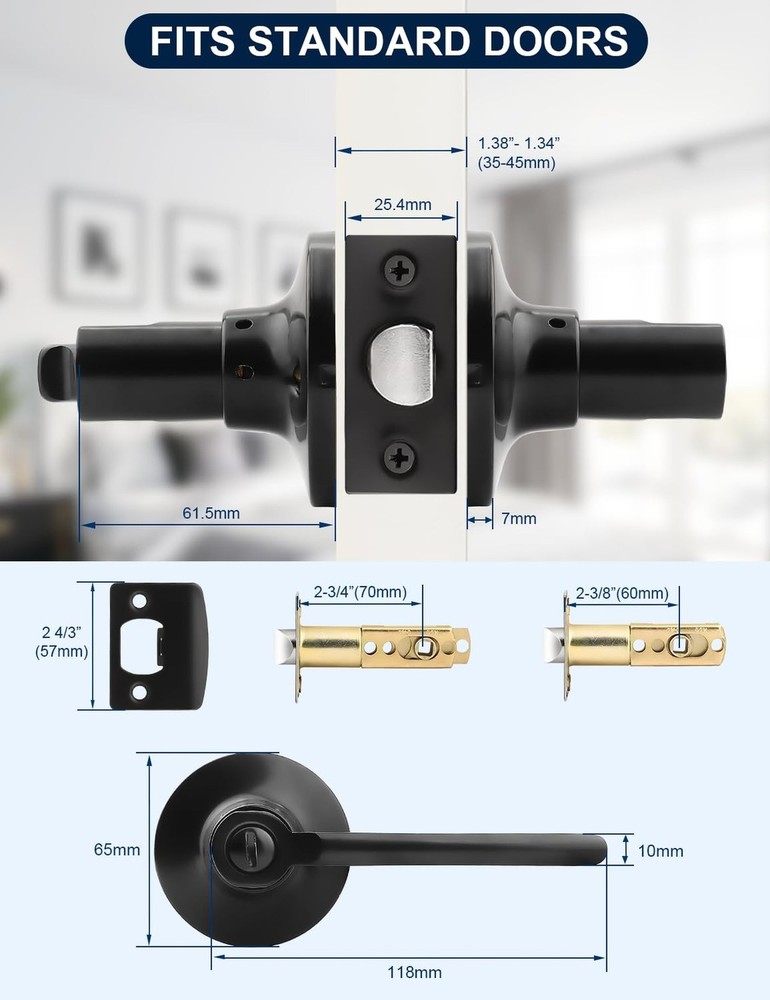 Mengico 6 Pack Privacy Door Handle, Matte Black Interior Door Knobs for Bed &...