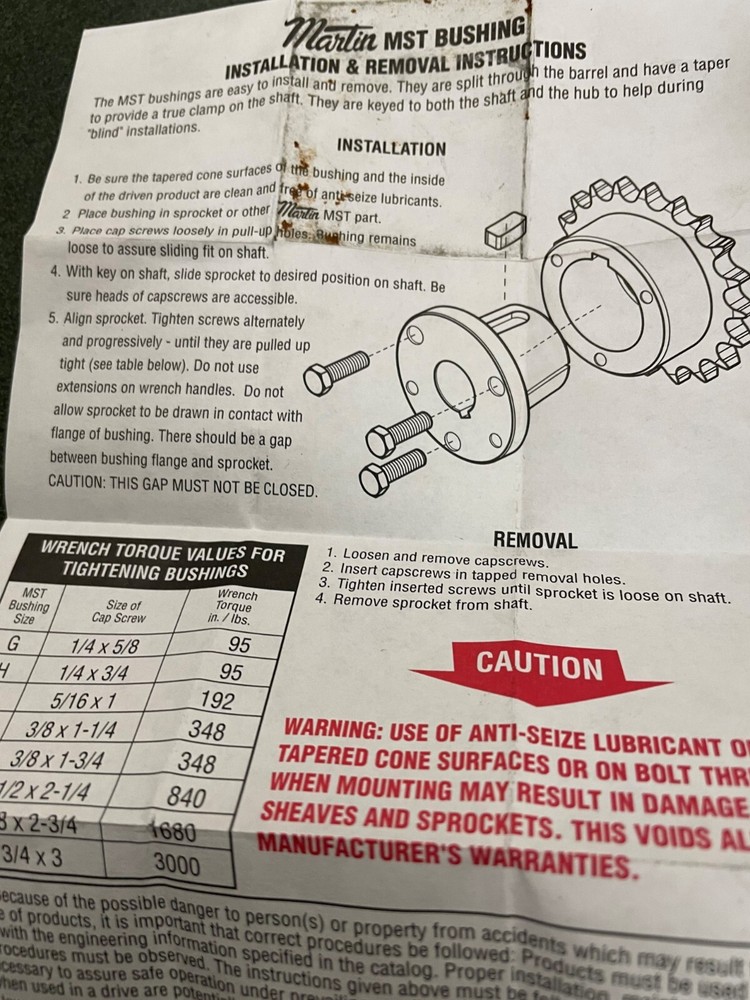 Martin Q12 MST Bushing, Split, Tapered, Keyed, Solid Flange (NIB)
