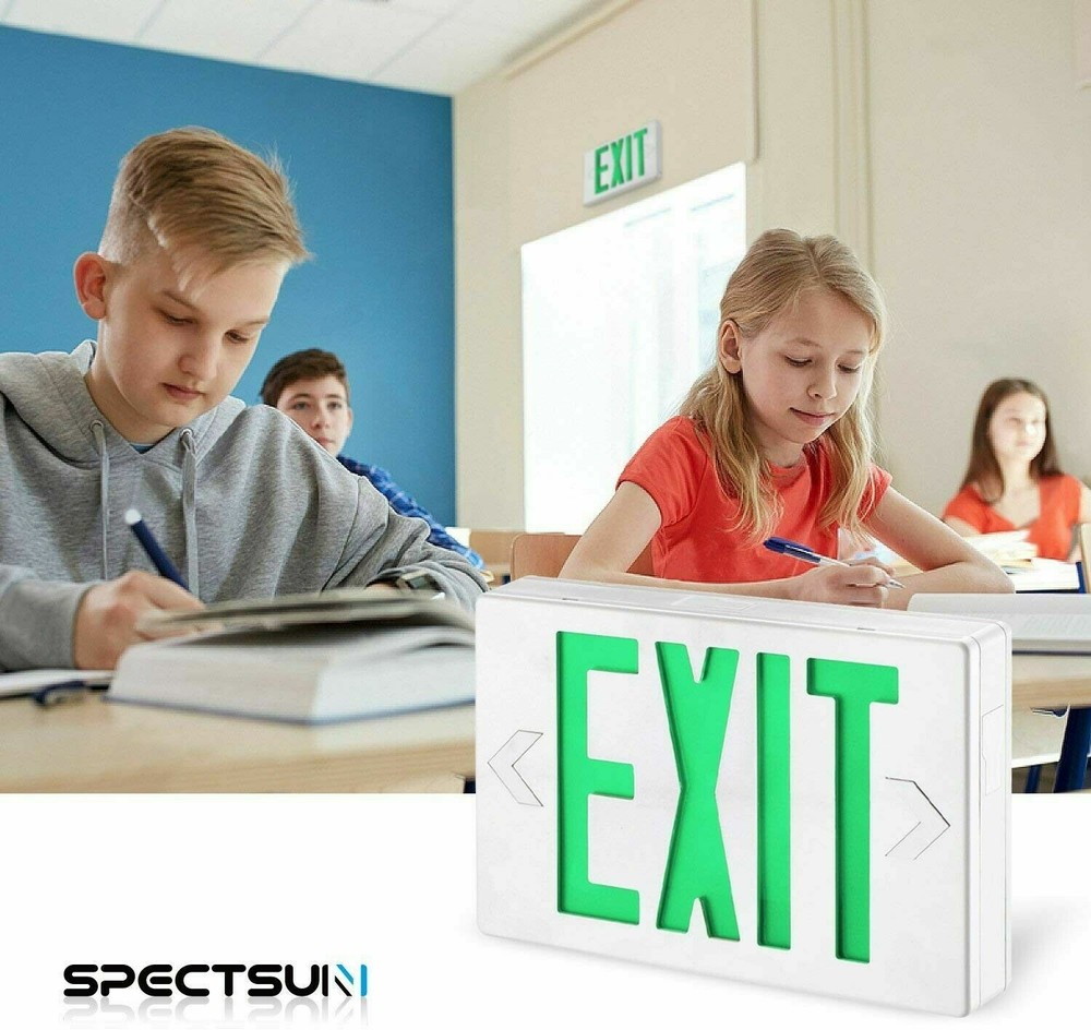 SPECTSUN DOUBLE SIDED GREEN EXIT SIGN, 120V/277 VAC, TEST SWITCH