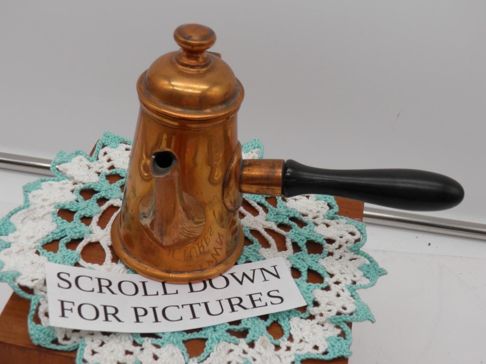 MANNING BOWMAN TINY COPPER WOOD HANDLED PITCHER