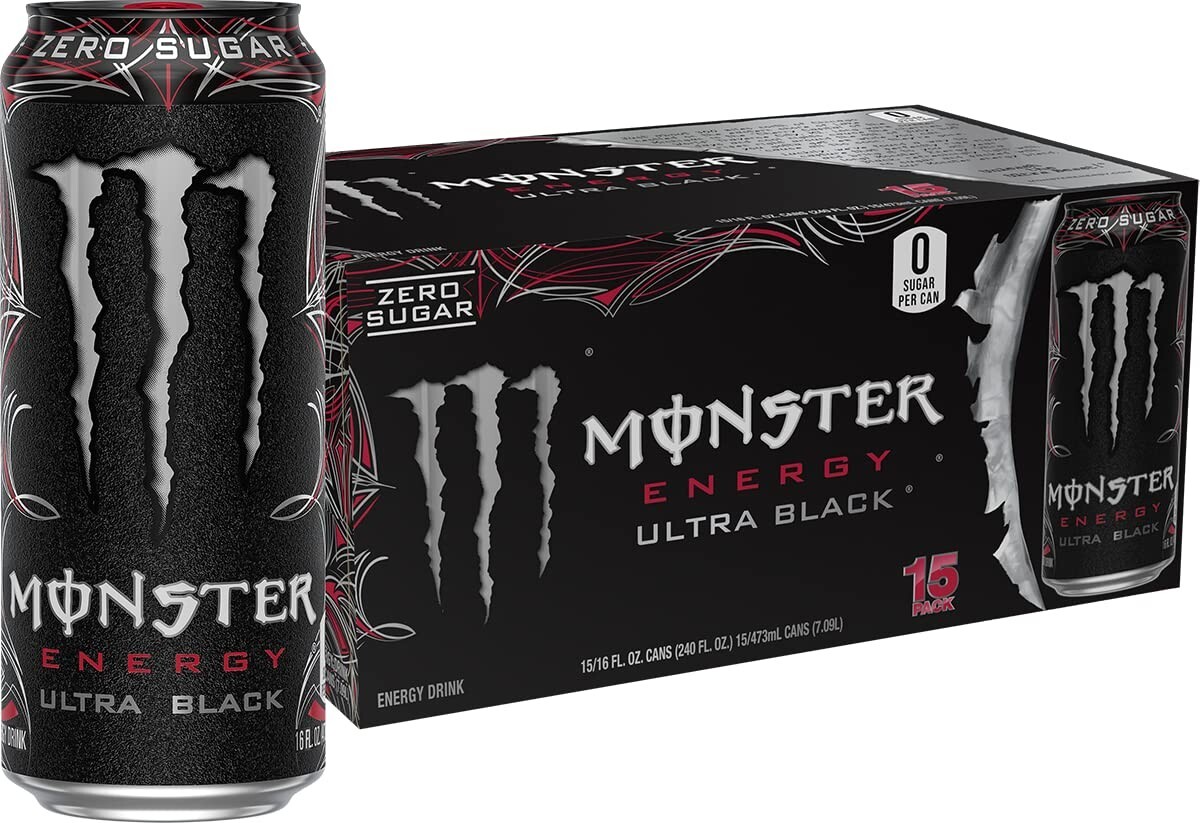 (15 Pack) Monster Ultra Black Energy Drink with Vitamins, Zero Sugar, 16 Fl Oz