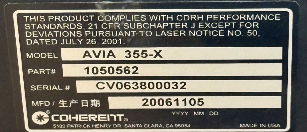 COHERENT AVIA 355-X high-power solid-state Q-switched UV laser