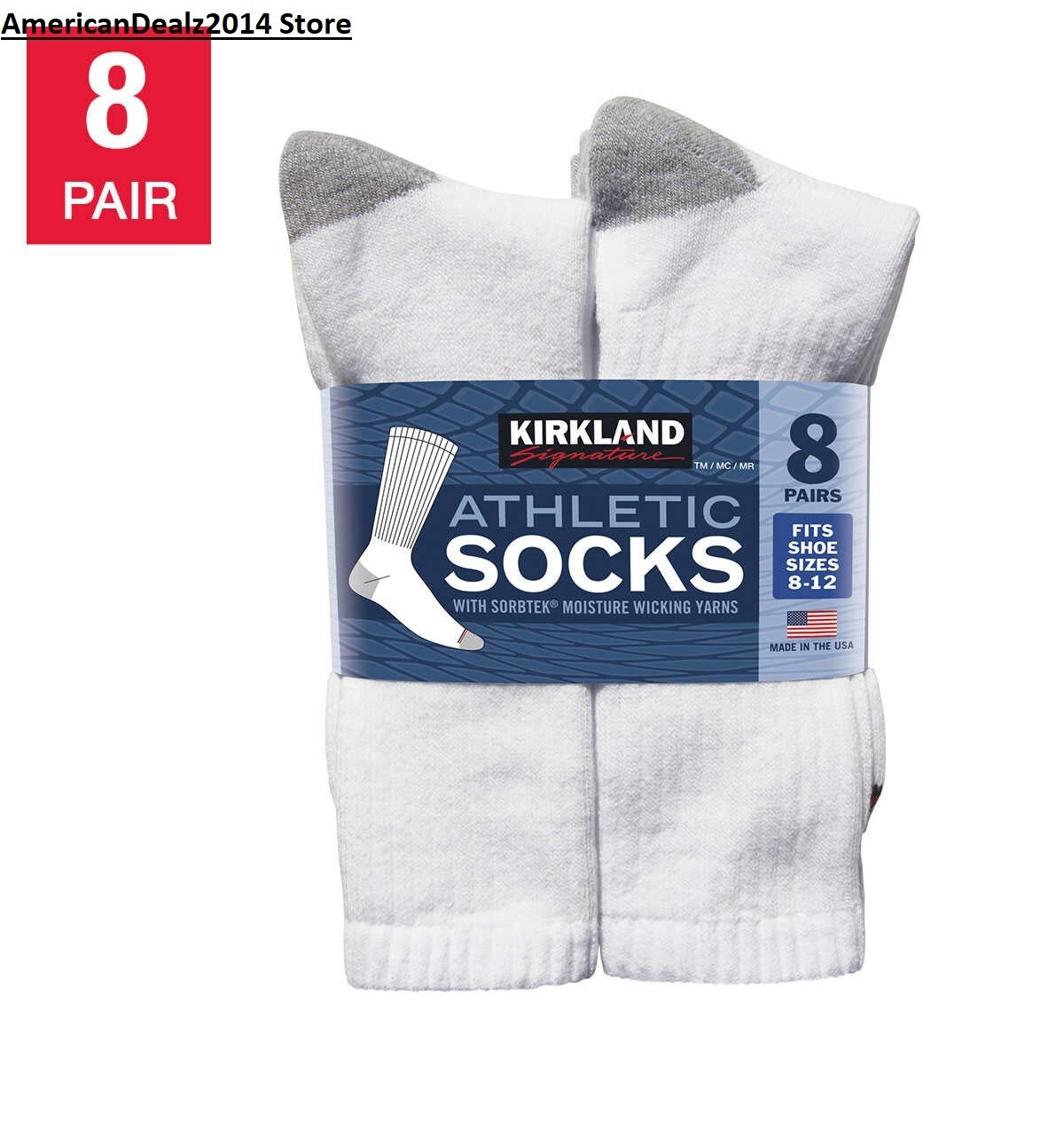 Kirkland Signature Men’s Athletic Sock 8 Pair White Color - Made in USA - NEW!!