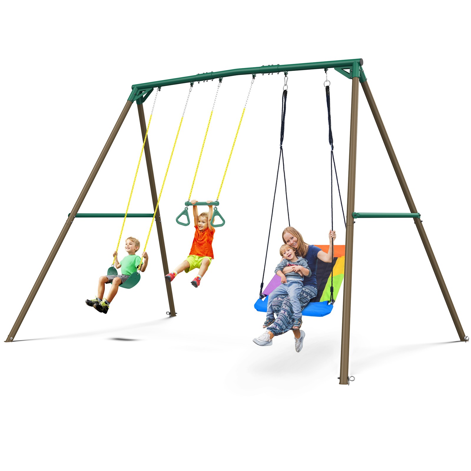 9.5ft Tall A-Frame Heavy Duty Metal Swing Set with 3 Swings and Trapeze Bar