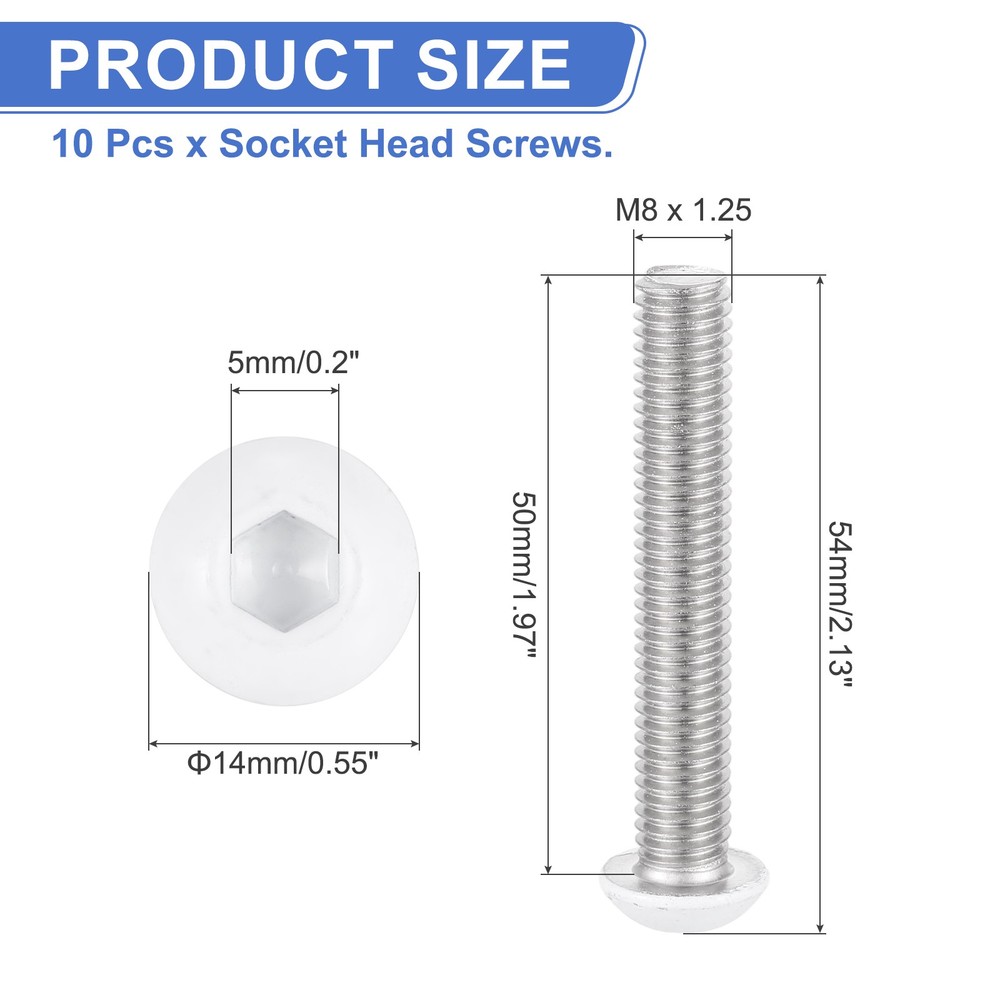 10 Pcs M8-1.25 x 50mm Button Head Socket Cap Screw Machine Screw, White