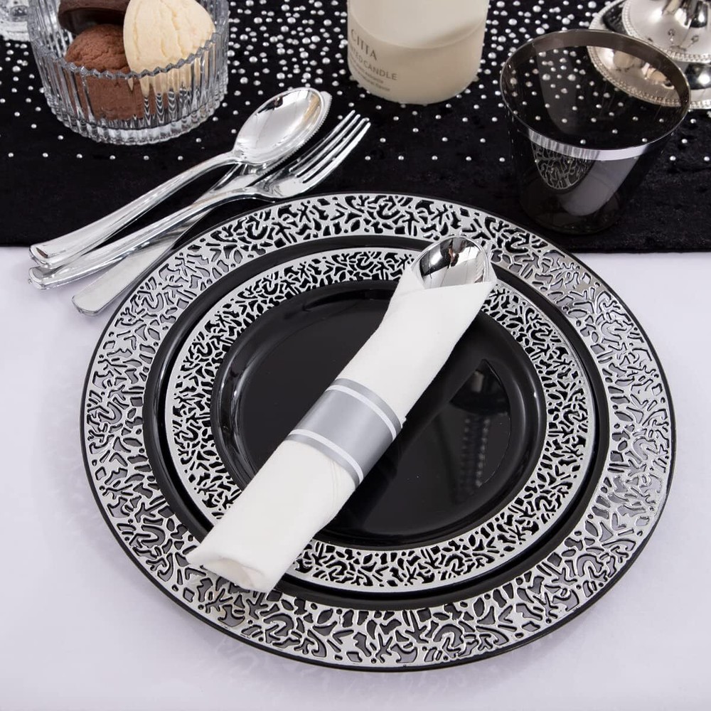 210 disposable black plastic plates with prepackaged silverware and cups