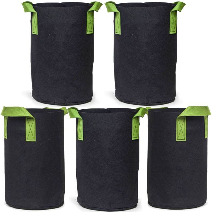 5-Pk 5-Gallon Tall Aeration Fabric Pots/Tree Grow Bag, Black w/Handles 15H x 10D