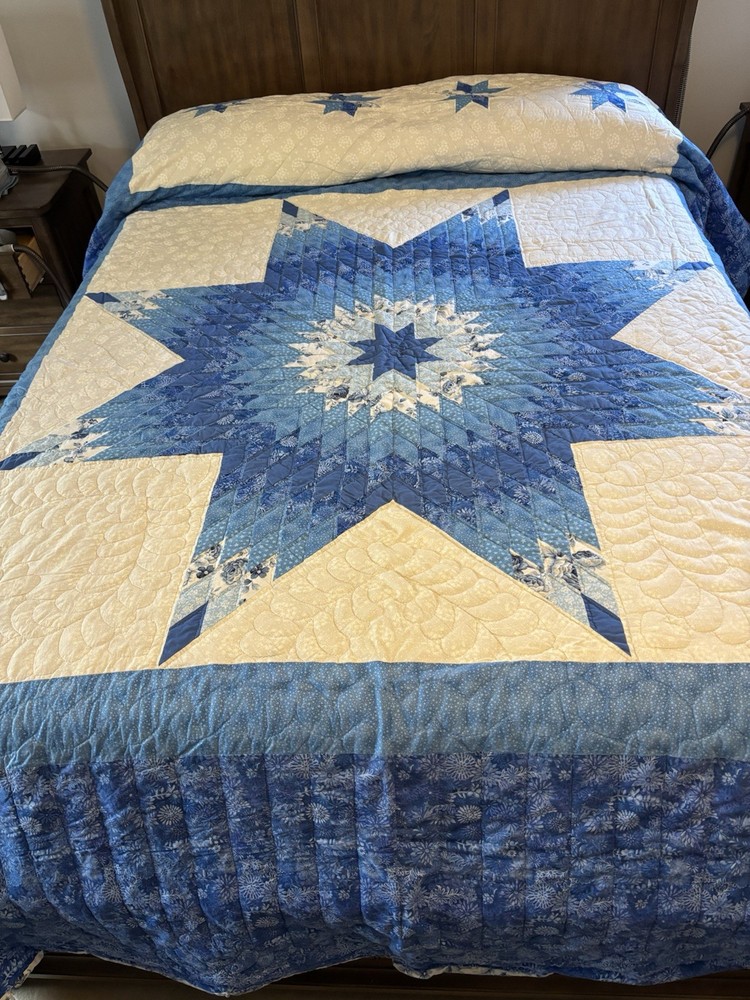 Handmade Patchwork Star Pattern Blue Queen Size Cotton Quilt